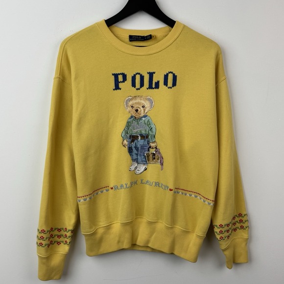 Polo Ralph Lauren Tops - Polo Ralph Lauren Bear Sweater Womens M Yellow New Orleans Embroidered Print